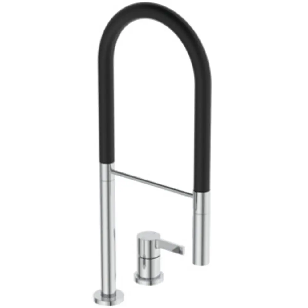 Küchenarmatur von Ideal Standard mit einem gebogenen Auslauf in Schwarz und Chrom, ausgestattet mit einem separaten Hebel für die Wassersteuerung.